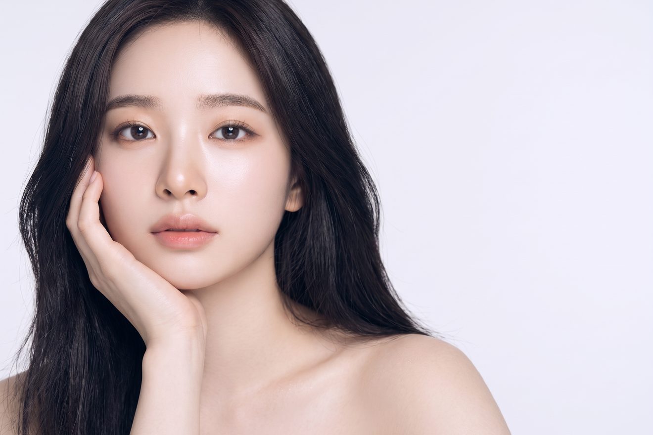 밝은 스튜디오 조명 아래 한 손으로 턱선을 감싸고 정면을 바라보는 여성 모델