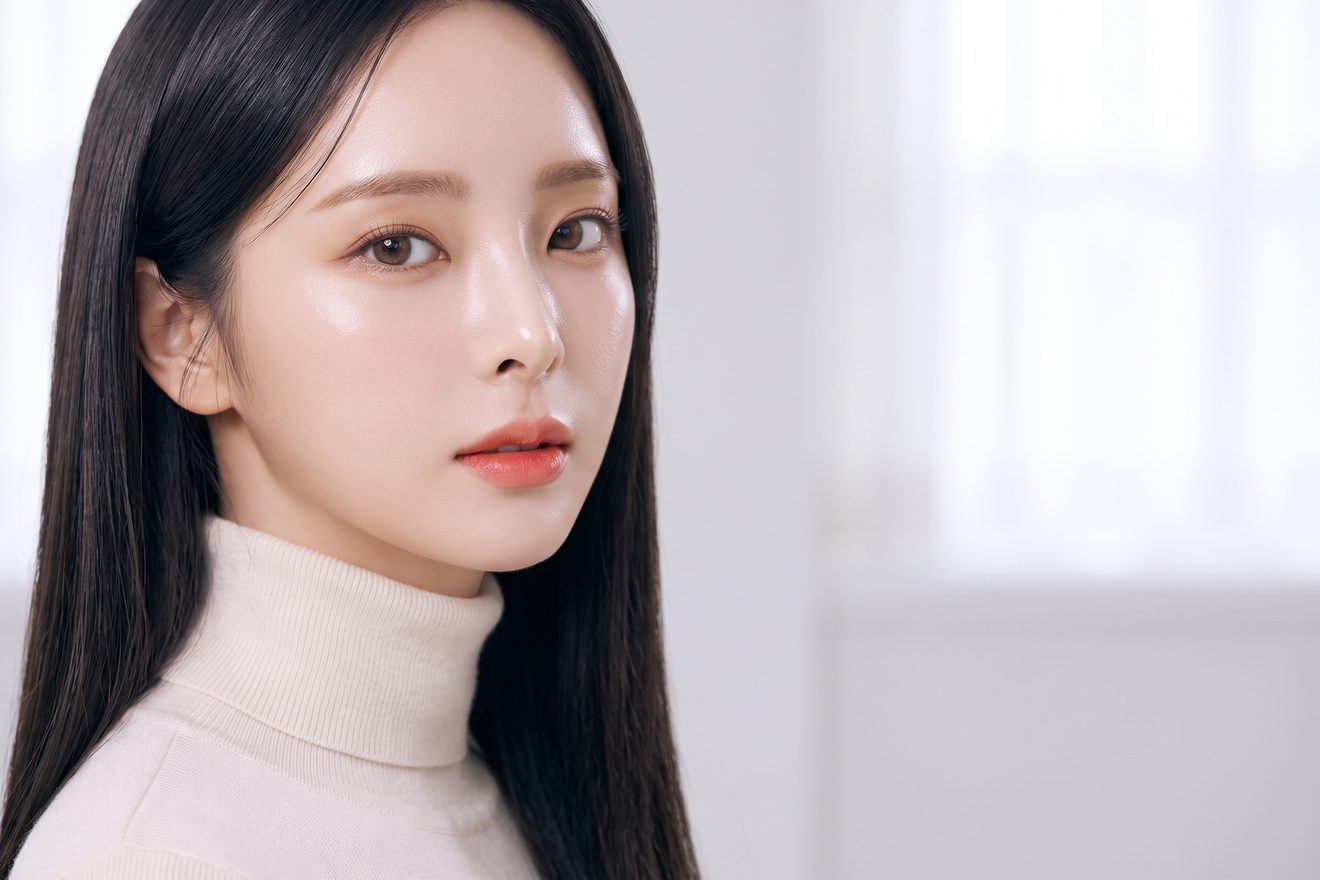 밝은 화이트 톤 공간에서 촬영한 매끄러운 피부 결의 여성 모델 뷰티 컷 (AI 생성 예시 이미지)