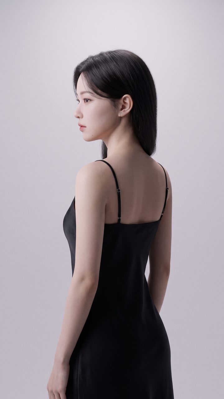 어깨선이 드러난 3/4 백샷의 세로형 영상 커버