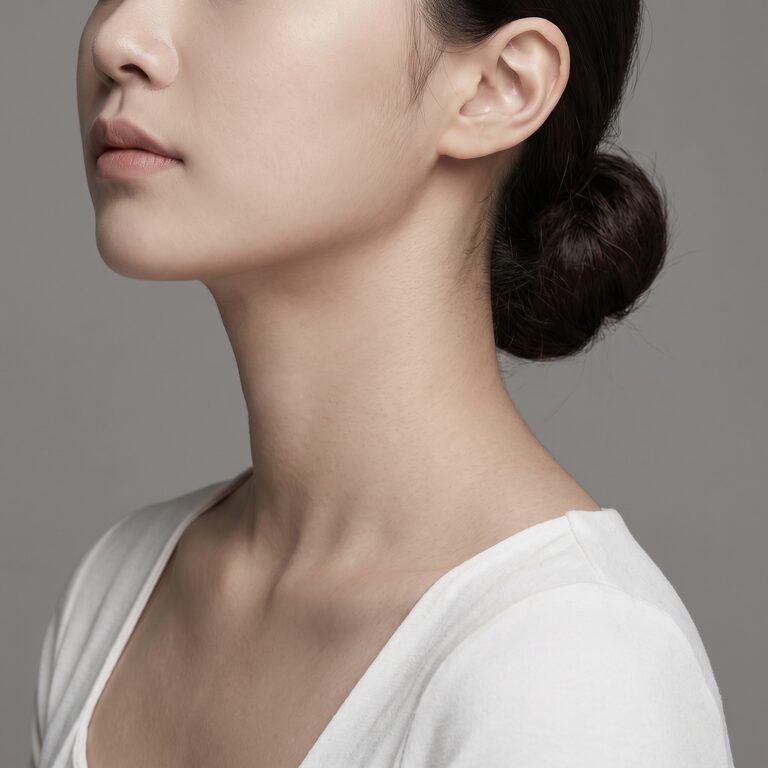 머리를 올려 묶은 여성 모델의 목선 중심 스튜디오 컷 — AI 생성 예시 이미지