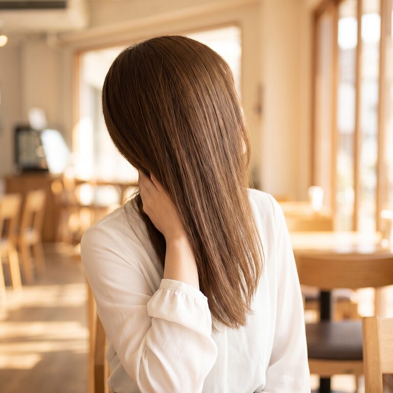 밝은 실내에서 턱 옆에 손을 둔 여성 모델의 무드 컷 — AI 생성 예시 이미지