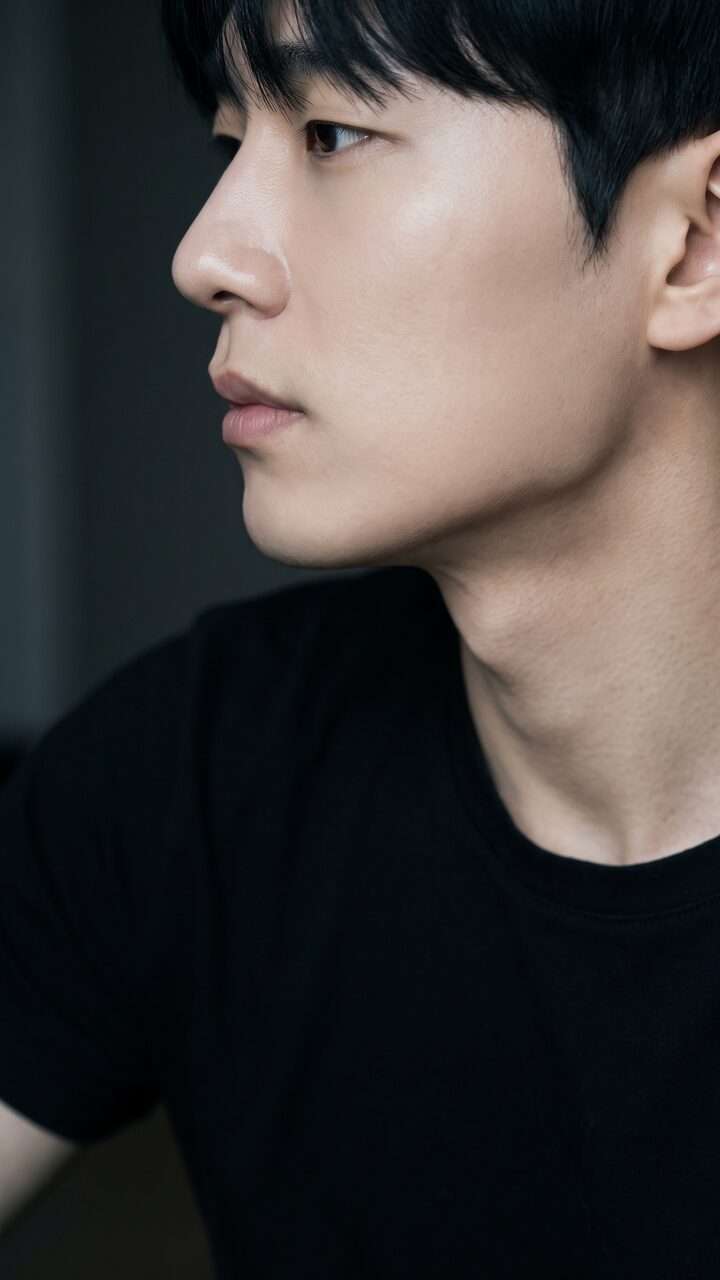 리뷰티 셀피 예시 이미지 4 — 어두운 배경의 남성 측면 프로필 컷