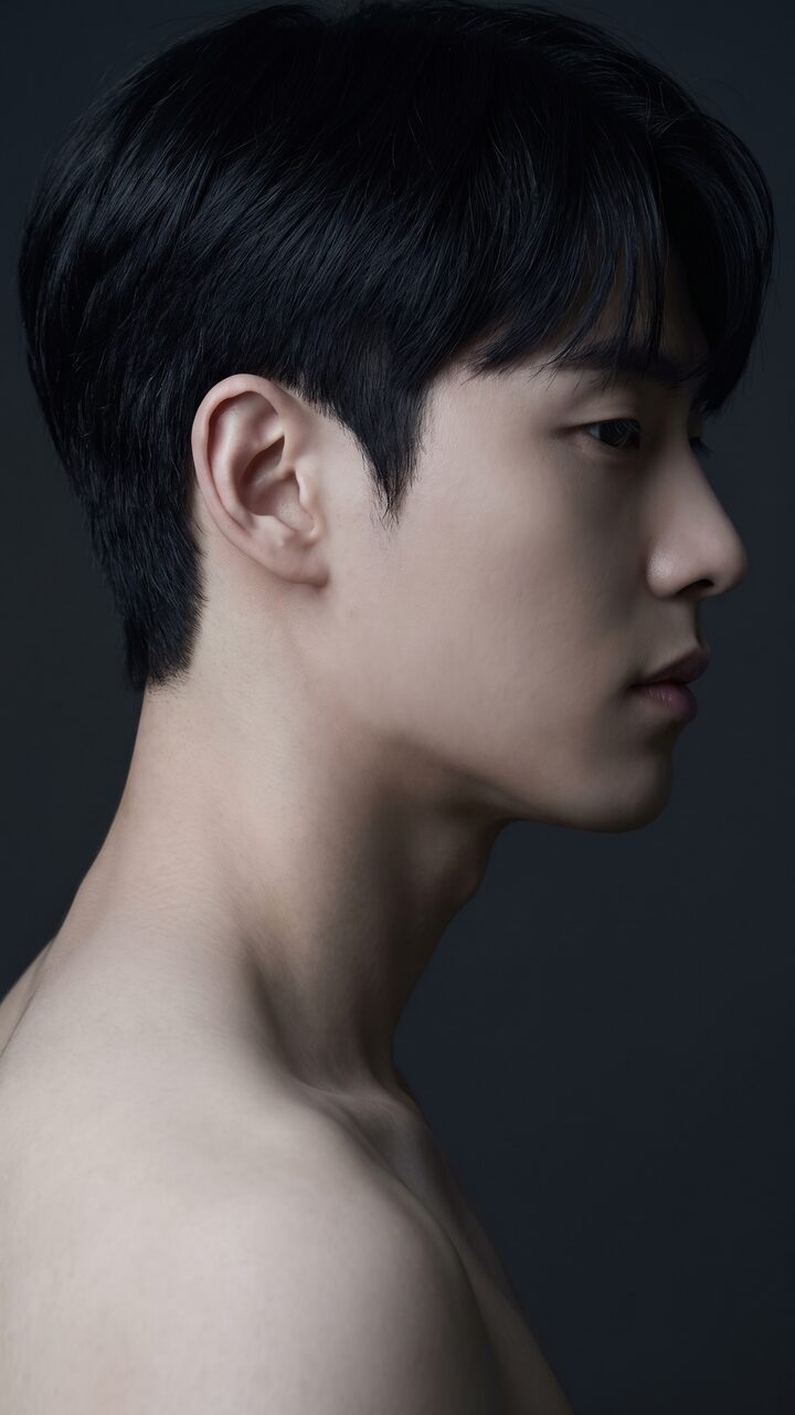 리뷰티 셀피 예시 이미지 8 — 목·어깨 라인이 드러나는 남성 프로필 컷
