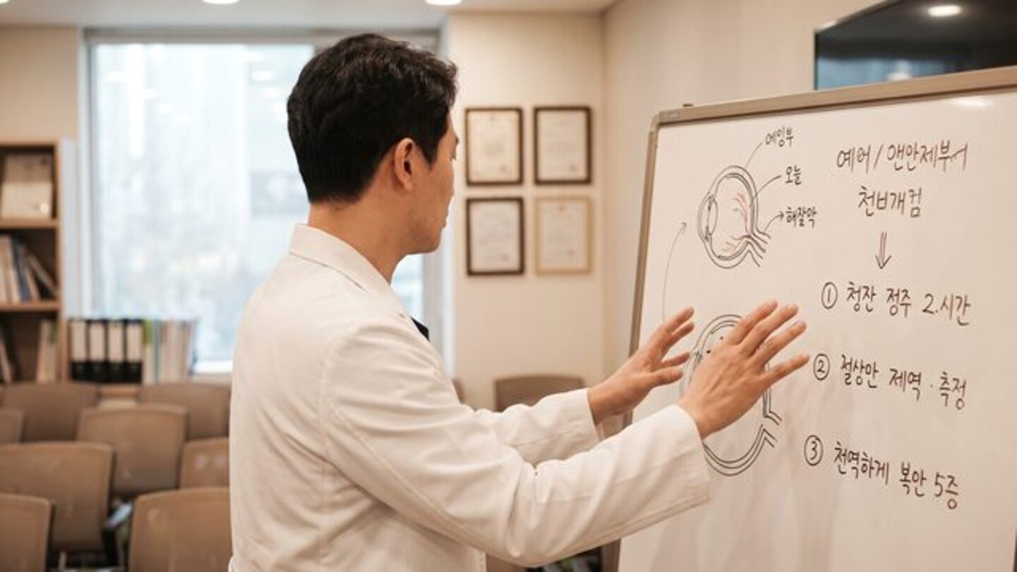상담실에서 피부 관리 정보를 설명하는 의료진 모습의 영상 정지컷