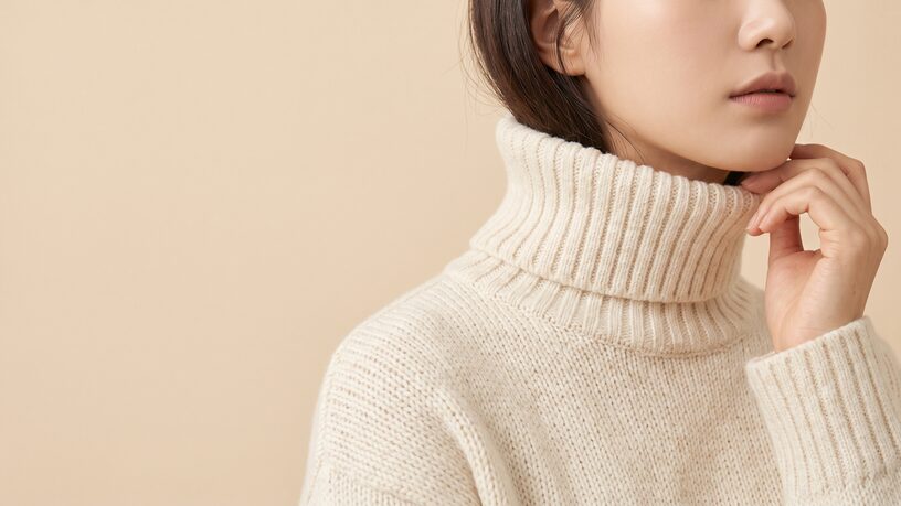 흰 홀터넥 톱을 입은 여성의 어깨와 데콜테 라인 뷰티 키비주얼(AI 생성 예시 이미지)
