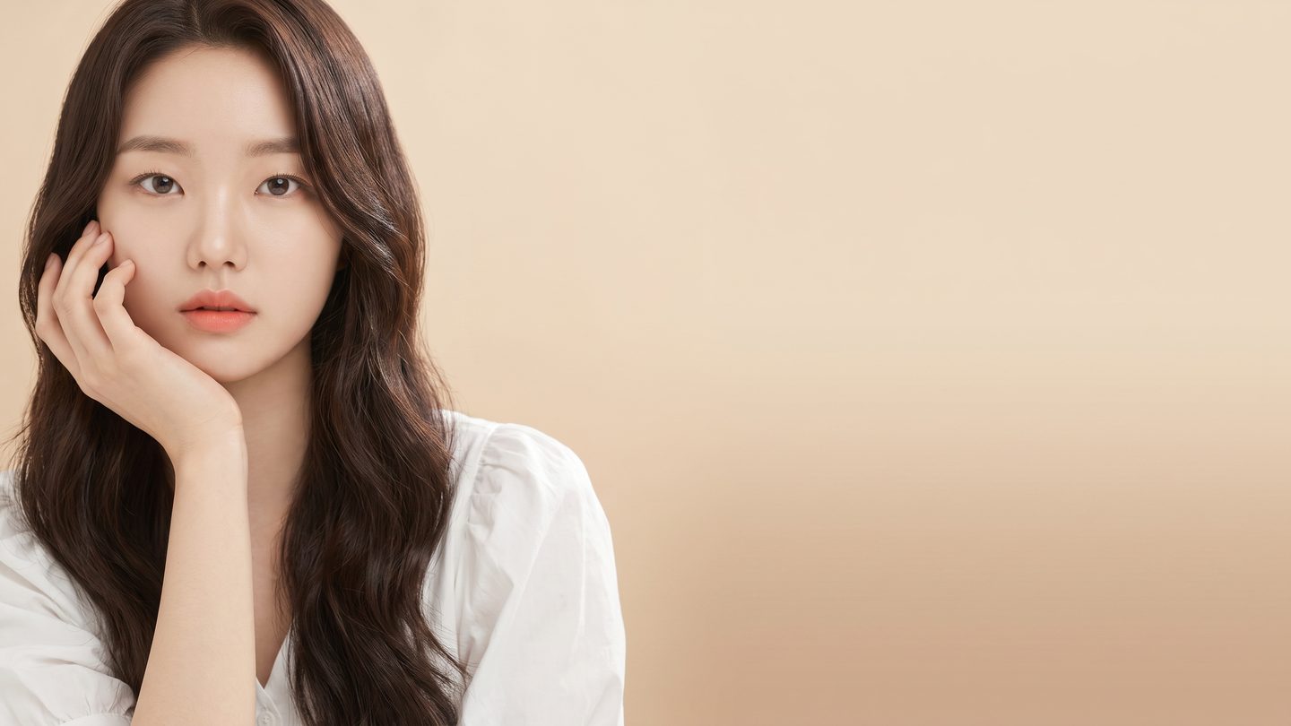 흰 블라우스를 입은 여성 모델이 손을 얼굴 가까이 올린 코성형 안내 배너
