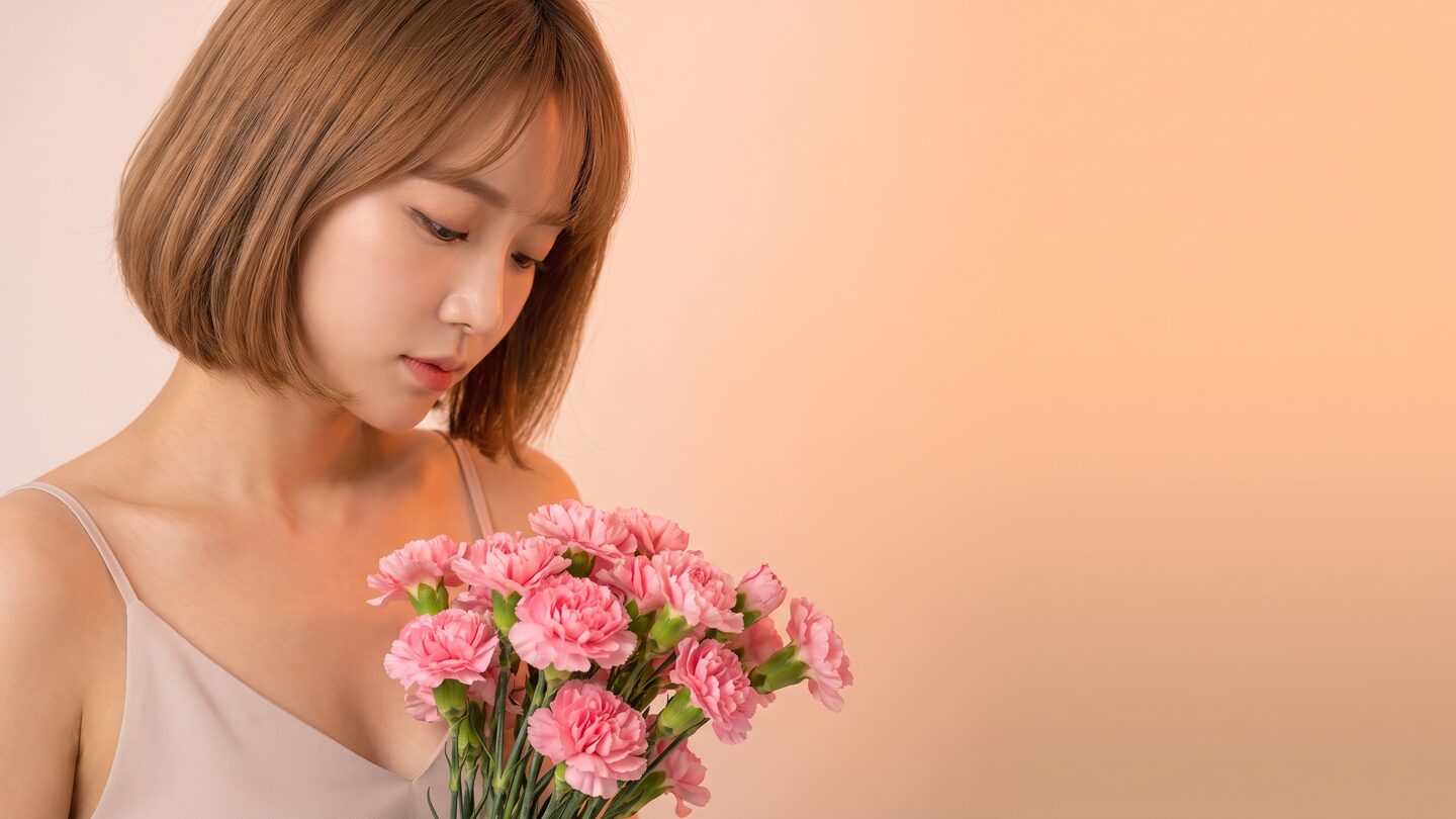 분홍 카네이션 꽃다발을 안고 시선을 내린 여성 모델의 안티에이징 안내 배너