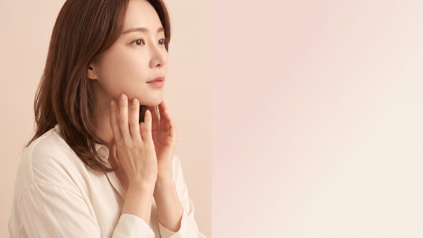 손끝으로 턱선을 감싼 여성 모델의 피부클리닉 안내 배너