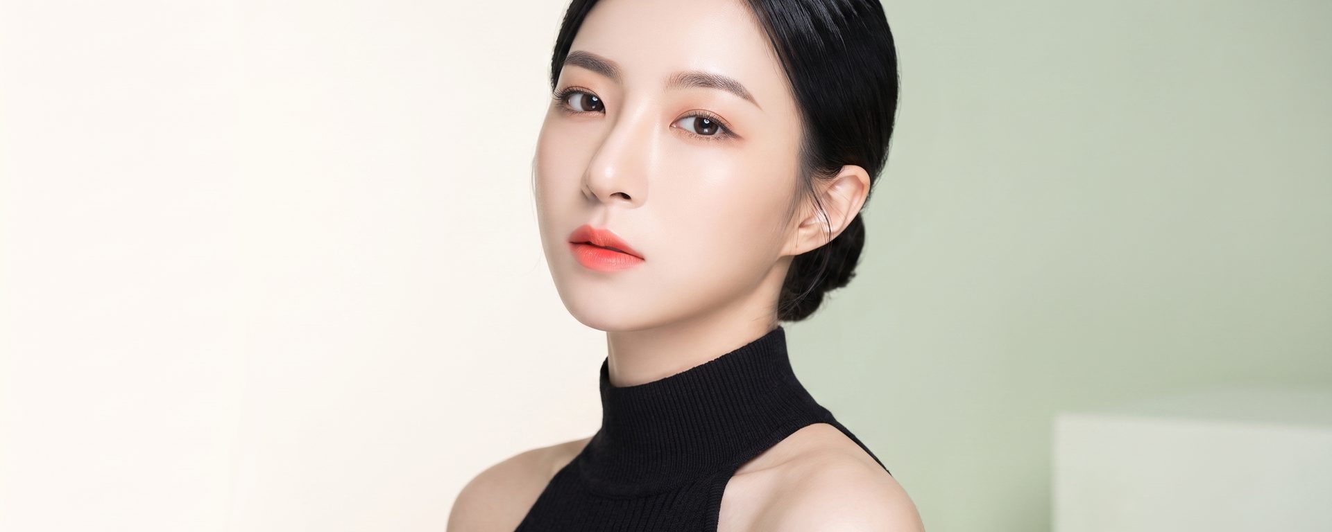 검은 홀터넥 니트를 입은 40대 여성 모델이 밝은 아이보리·민트 배경 앞에서 정면을 바라보는 상반신 컷
