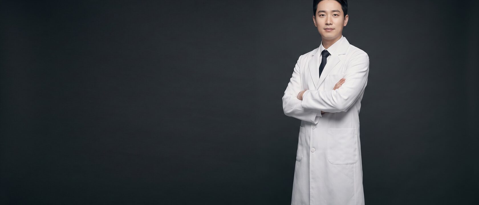 흰 가운을 입고 팔짱을 낀 리뷰티 치과 진료 의료진 프로필 컷 (가상 모델 · AI 생성 예시 이미지)