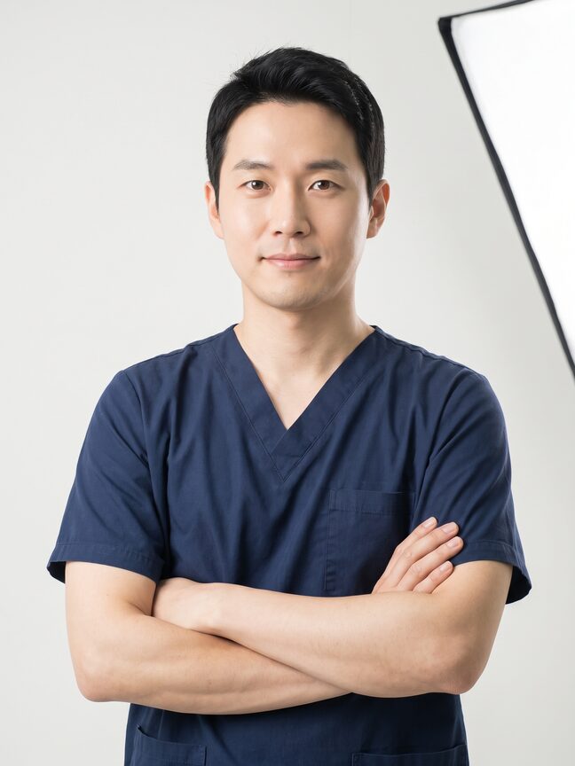네이비 수술복 차림의 리뷰티 성형외과 가상 의료진 모델 상반신 인물 컷 (AI 생성 예시 이미지)