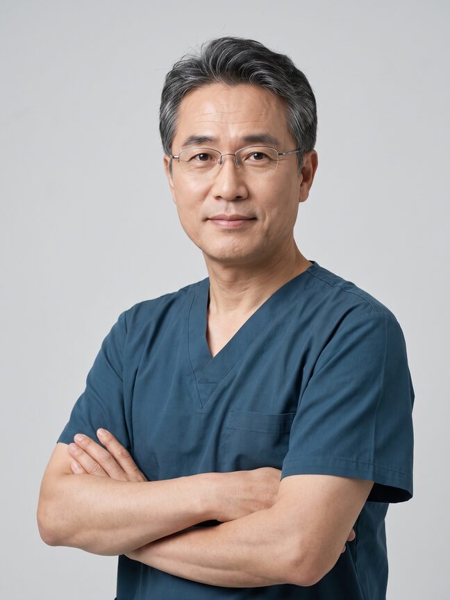 안경을 쓴 중년 남성 가상 의료진 모델의 스크럽 차림 상반신 인물 컷 (AI 생성 예시 이미지)