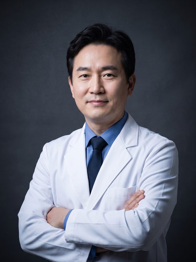 짙은 회색 배경 앞 흰 가운과 넥타이 차림 남성 가상 의료진 모델 상반신 인물 컷 (AI 생성 예시 이미지)