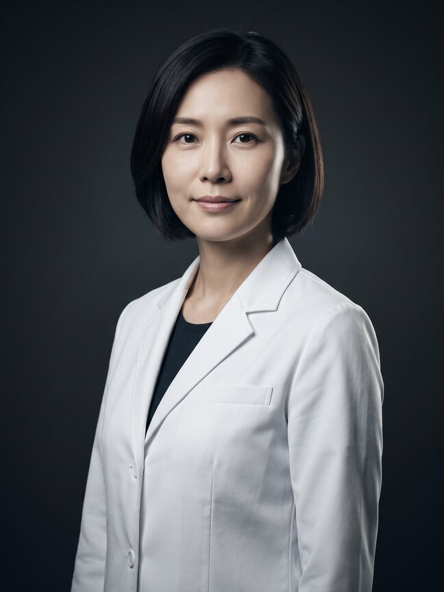 짙은 회색 배경 앞 흰 가운 차림 여성 가상 의료진 모델 상반신 인물 컷 (AI 생성 예시 이미지)