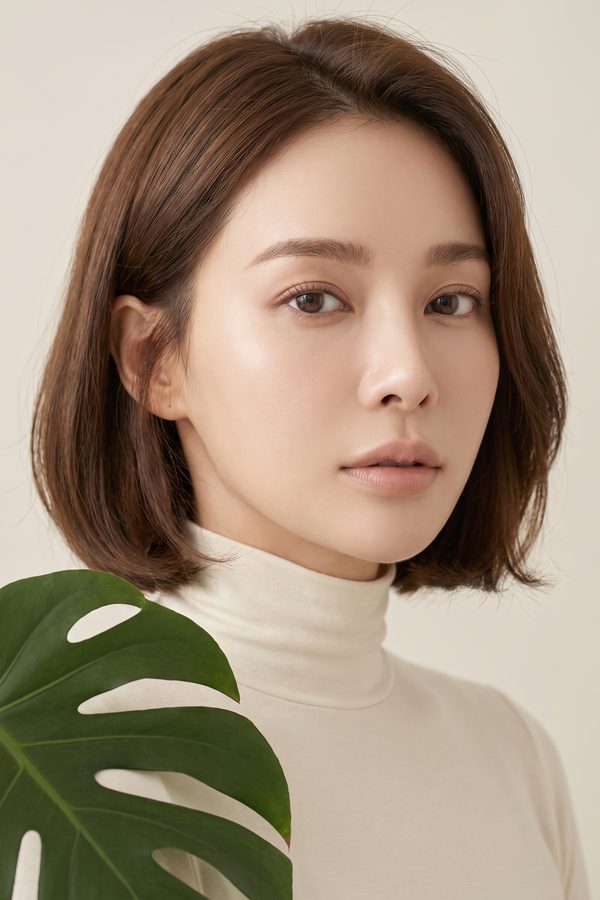 누드톤 메이크업의 여성 모델 뷰티 컷 (AI 생성 예시 이미지)