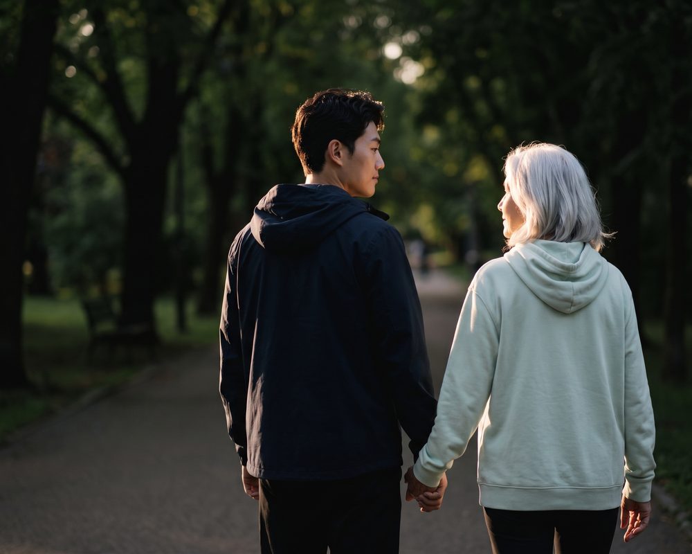 볼을 맞대고 함께 웃는 두 세대 여성 모델의 흑백 인물 사진 (AI 생성 예시 이미지)