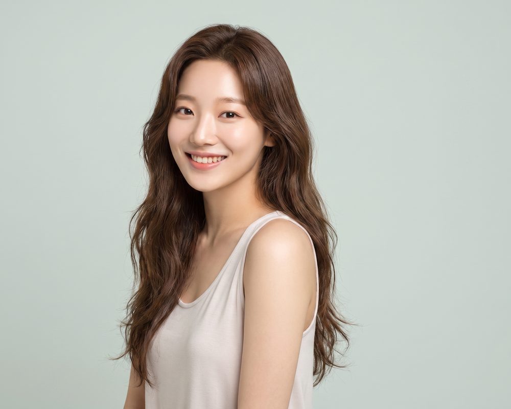 민소매 라운지웨어 차림으로 편안하게 웃는 여성 모델의 스튜디오 사진 (AI 생성 예시 이미지)