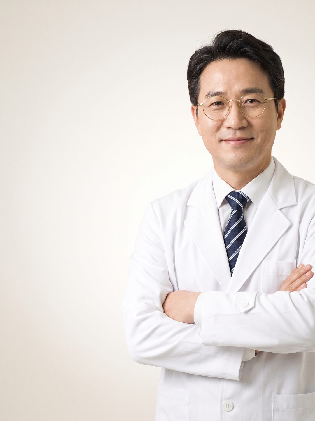 흰 가운을 입은 리뷰티 성형외과 원장이 팔짱을 끼고 서 있는 스튜디오 인물 사진