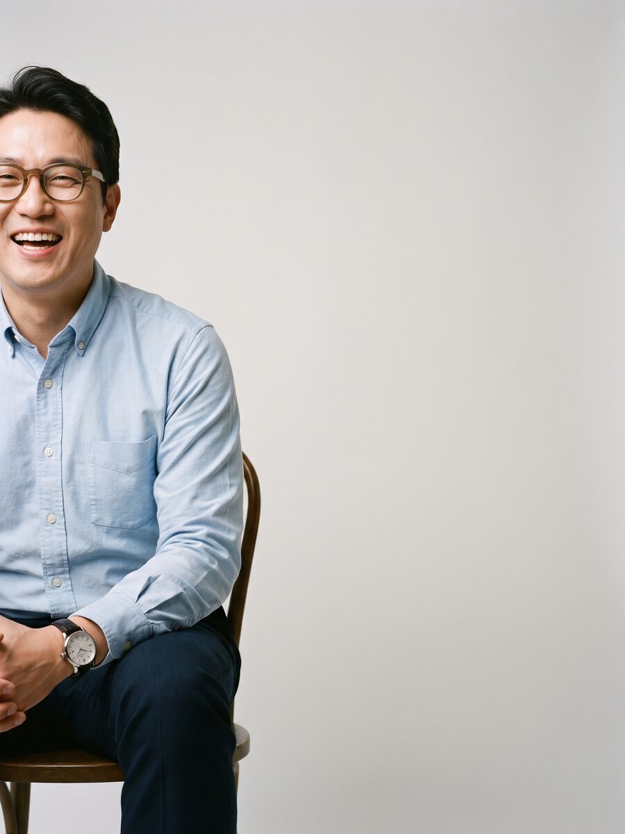 하늘색 셔츠에 안경을 쓰고 의자에 앉아 웃고 있는 리뷰티 의료진 (AI 생성 예시 이미지)