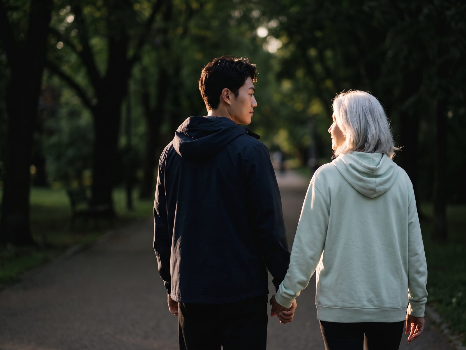 공원 산책로를 나란히 걷는 노년 부부의 뒷모습
