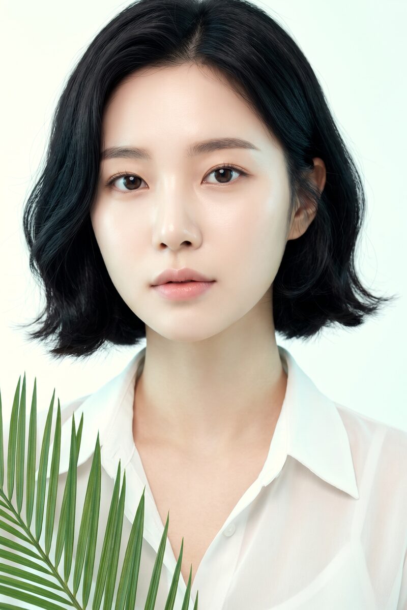 밝은 아이보리 배경에서 촬영한 가상 모델 뷰티 컷