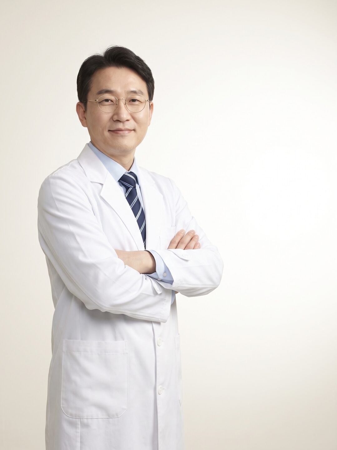 아이보리 스튜디오 배경 앞에서 팔짱을 끼고 미소 짓는 리뷰티 의료진 (AI 생성 예시 이미지)