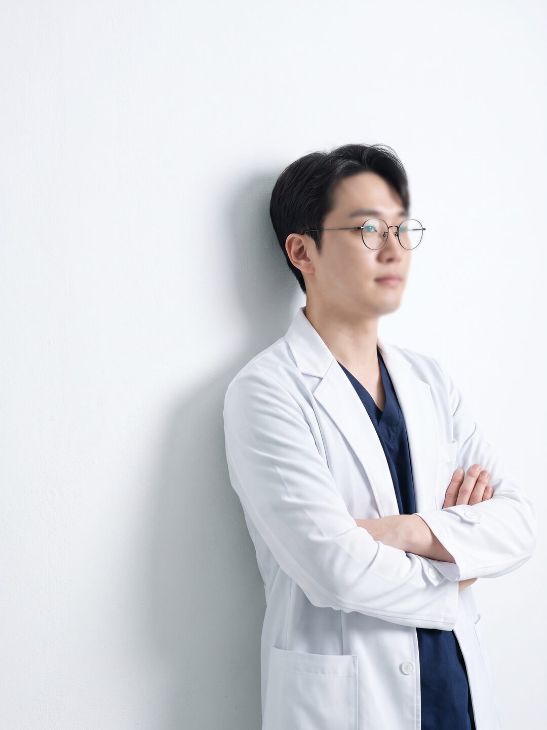 흰 가운과 네이비 스크럽 차림으로 밝은 벽에 기대 선 리뷰티 얼굴 리프팅 진료원장을 표현한 AI 생성 예시 이미지