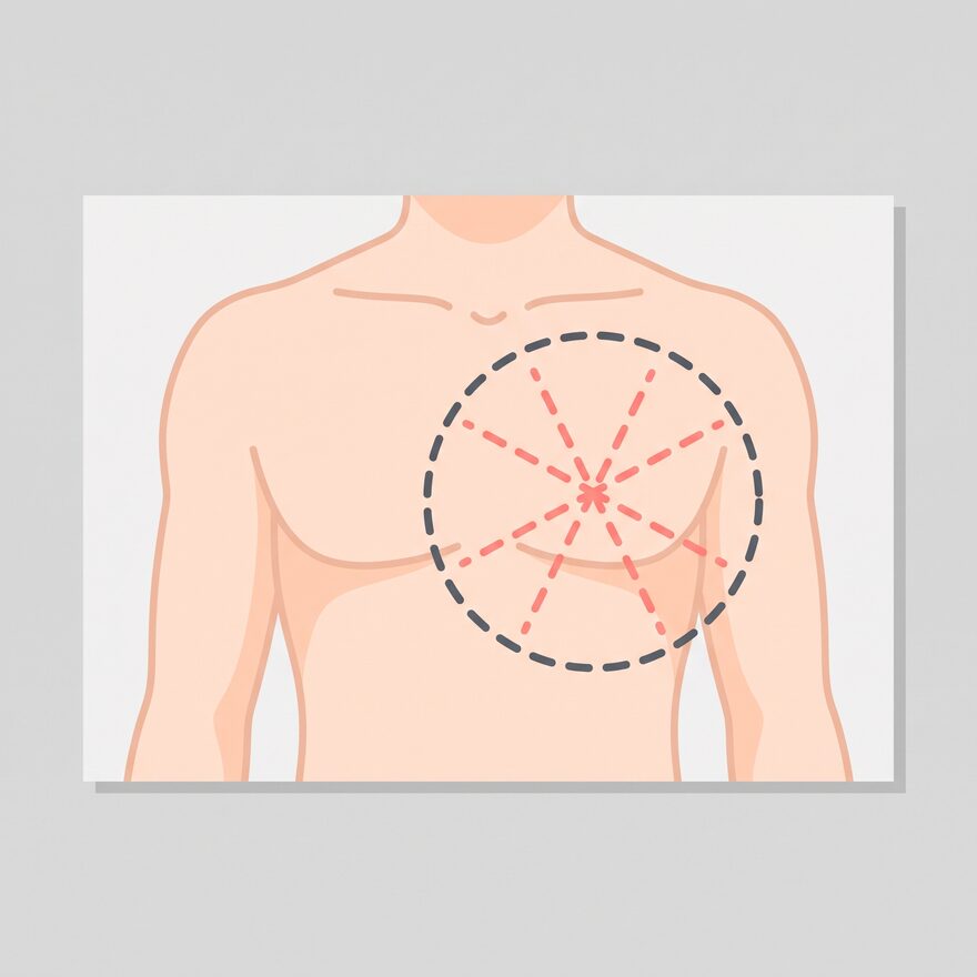 남성 흉부 정면 일러스트에 시술 범위를 점선 원과 방사형 파선으로 표시한 1단계 절개 계획 도해