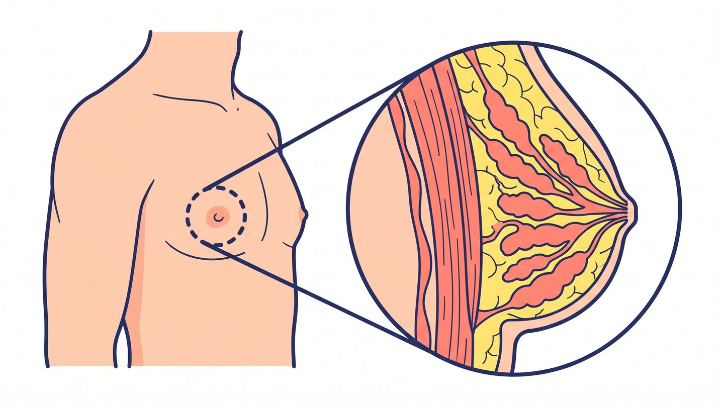 남성 흉부 반측면 도해와 유륜 부위 확대 원형 창에 근육층·지방층·유선조직 단면을 표시한 초음파 검사 설명 일러스트