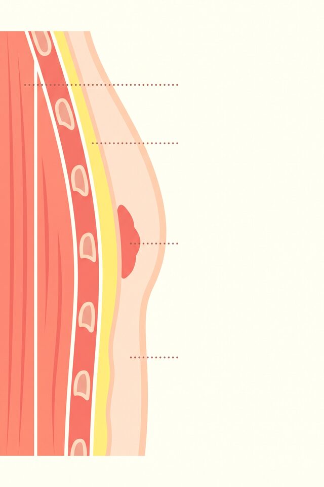 흉벽 근육층과 얇은 지방층, 작은 유선 조직이 층으로 표현된 정상 남성 흉부 측면 단면 도해