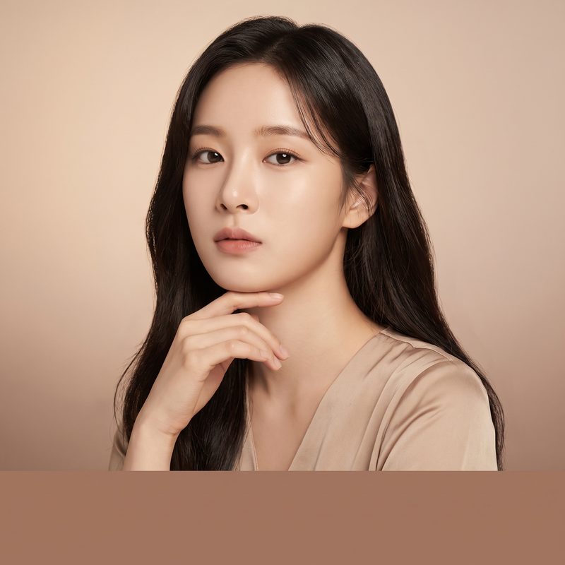 따뜻한 베이지 배경에서 턱선에 손을 가볍게 올린 모델 컷(AI 생성 예시 이미지)