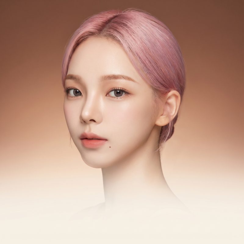 브라운 배경에서 이마와 눈가를 보여 주는 사분면 각도의 모델 컷(AI 생성 예시 이미지)