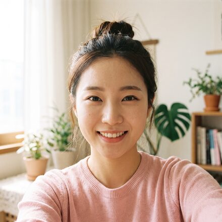 리뷰티 셀피존 - 머리를 묶고 연분홍 상의를 입은 채 찍은 셀피 컷(AI 생성 예시 이미지)