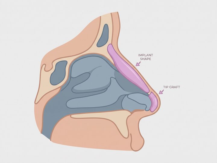 다듬은 맞춤 보형물이 콧대와 코끝에 배치된 상태를 표현한 개념 도해 (AI 생성 예시)