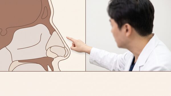 왼쪽에 코 옆모습 개념 일러스트, 오른쪽에 진료진이 연골 구조를 설명하는 분할 구성의 영상 섬네일 (AI 생성 예시 이미지)