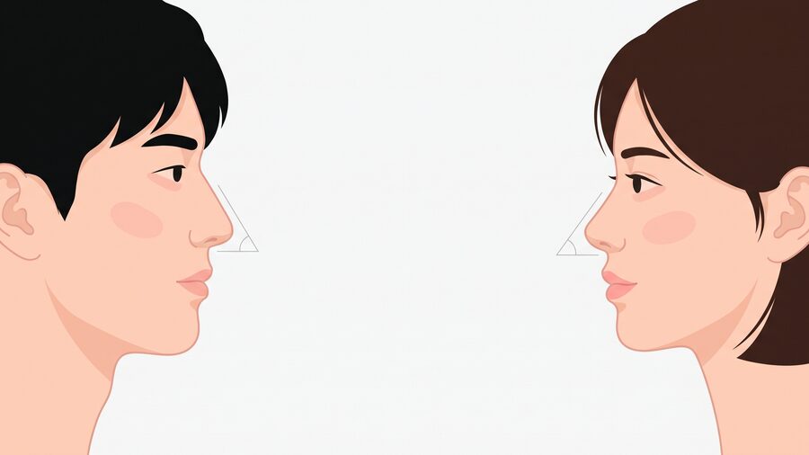 왼쪽에 남성, 오른쪽에 여성의 옆얼굴을 마주 보게 배치하고 코끝과 윗입술이 이루는 각도를 가는 보조선으로 표시한 벡터 일러스트