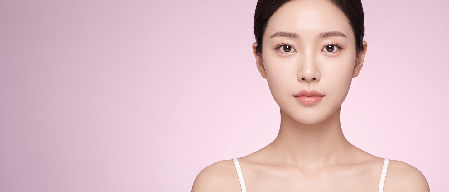 핑크·라일락 그라데이션 배경 앞에서 정면을 바라보는 20대 여성 모델의 바스트업 뷰티 컷 — 눈밑 시술 안내 배너(AI 생성 예시 이미지)