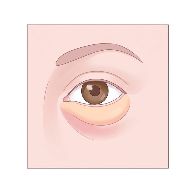 시술 전 눈밑 지방이 볼록하게 자리한 상태를 그린 눈매 클로즈업 일러스트