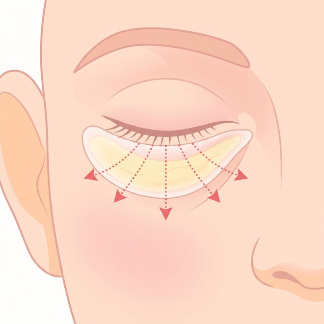 눈밑 아래에서 부챗살처럼 뻗어 나가는 방향으로 막을 당겨 고정하는 개념을 그린 도해 일러스트