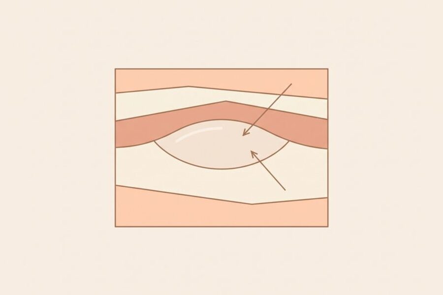 눈 아래 지방과 격막, 눈물고랑의 위치 관계를 단순한 선으로 정리한 단면 개념도