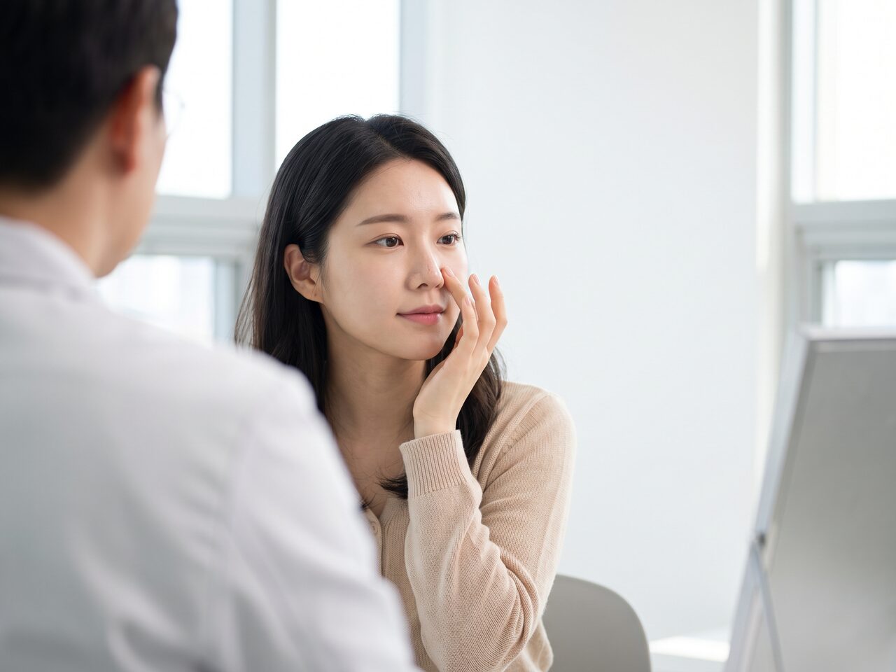 밝은 케어룸에서 담당자와 함께 경과를 확인하는 사후관리 장면