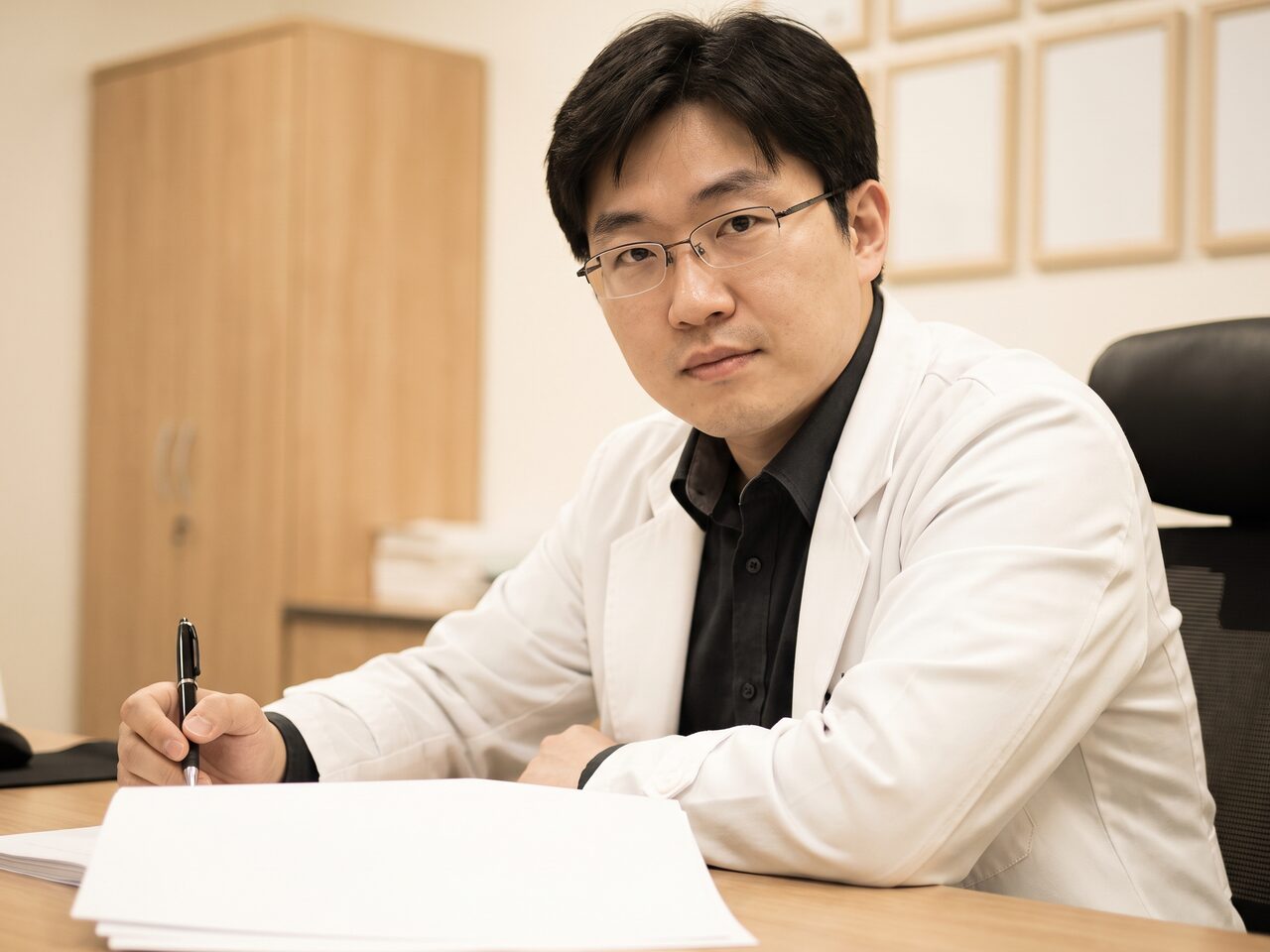진료실 책상에서 자료를 검토하는 의료진