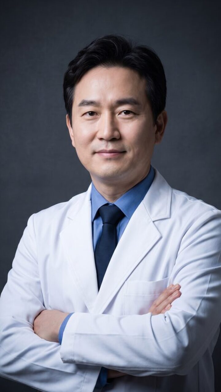 유리벽과 식물이 있는 야외에서 고개를 살짝 숙인 가상 모델의 세로 숏폼 예시 컷