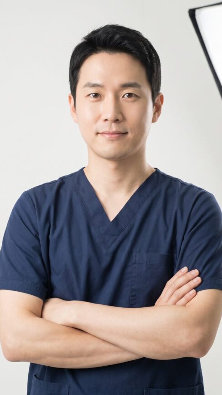 초록 식물 배경 앞에서 시선을 아래로 둔 가상 모델의 세로 숏폼 예시 컷