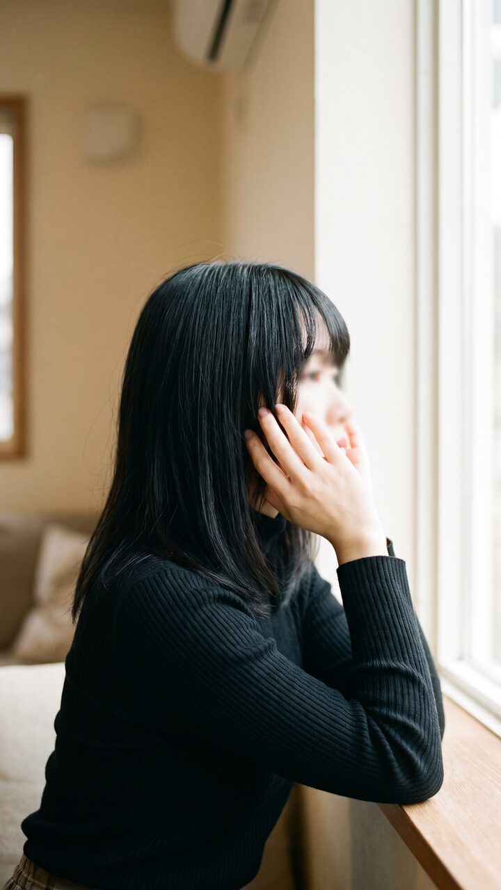 크림빛 실내광 아래 턱선을 따라 손을 올린 가상 모델의 세로 숏폼 예시 컷