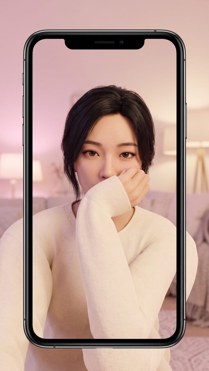 분홍빛 실내광에서 손등에 턱을 괸 가상 모델의 세로 숏폼 예시 컷