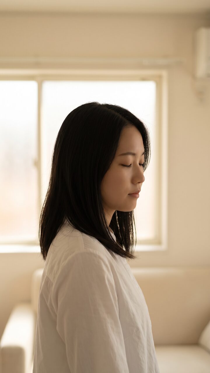 실내 창가에서 눈을 감고 고개를 기울인 가상 모델의 세로 숏폼 예시 컷