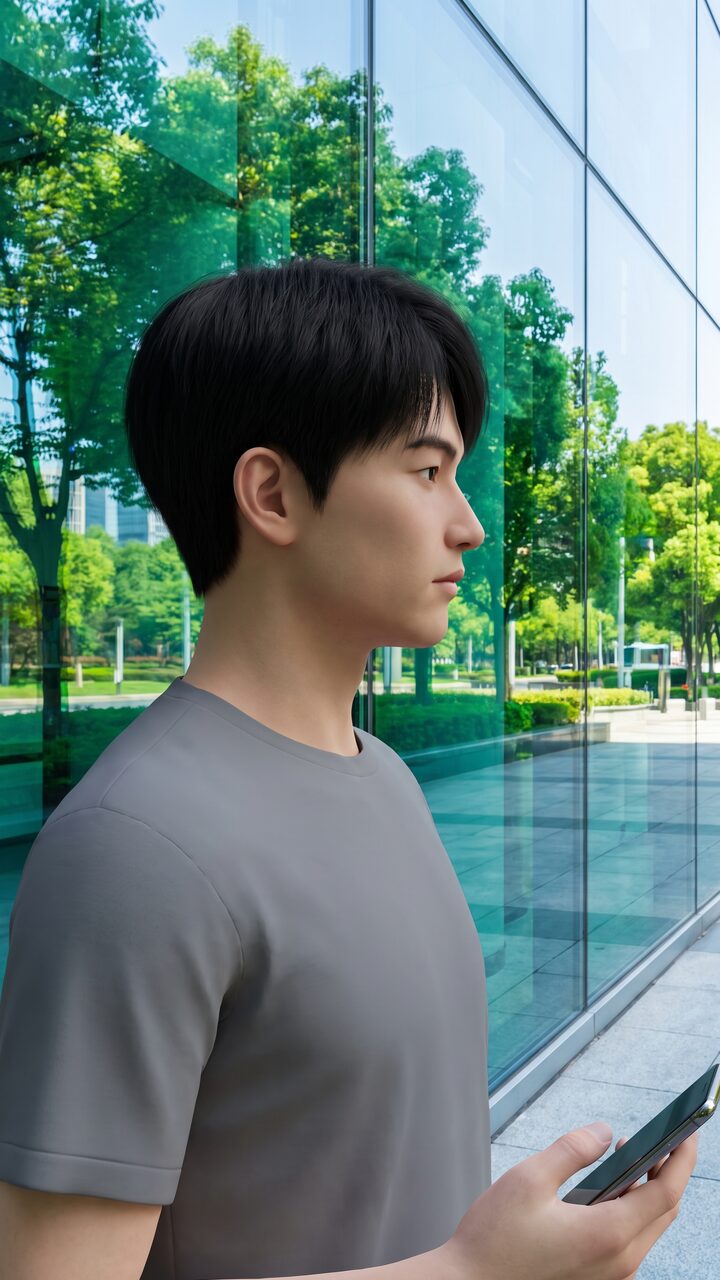 유리벽 반사 앞에서 측면으로 선 남성 가상 모델의 세로 숏폼 예시 컷