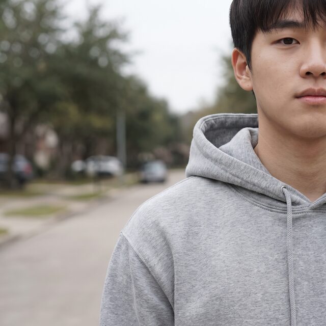 리뷰티 예시 후기 타일 — 가상 모델의 야외 근접 스냅(AI 생성 예시)