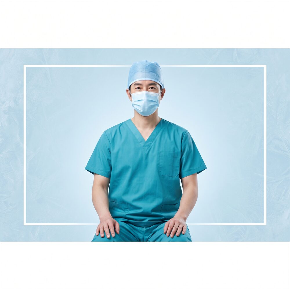 블루 그라디언트 이벤트 카드 — 수술복과 마스크를 착용한 익명 남성 의료진의 상담 장면 (AI 생성 예시 이미지)